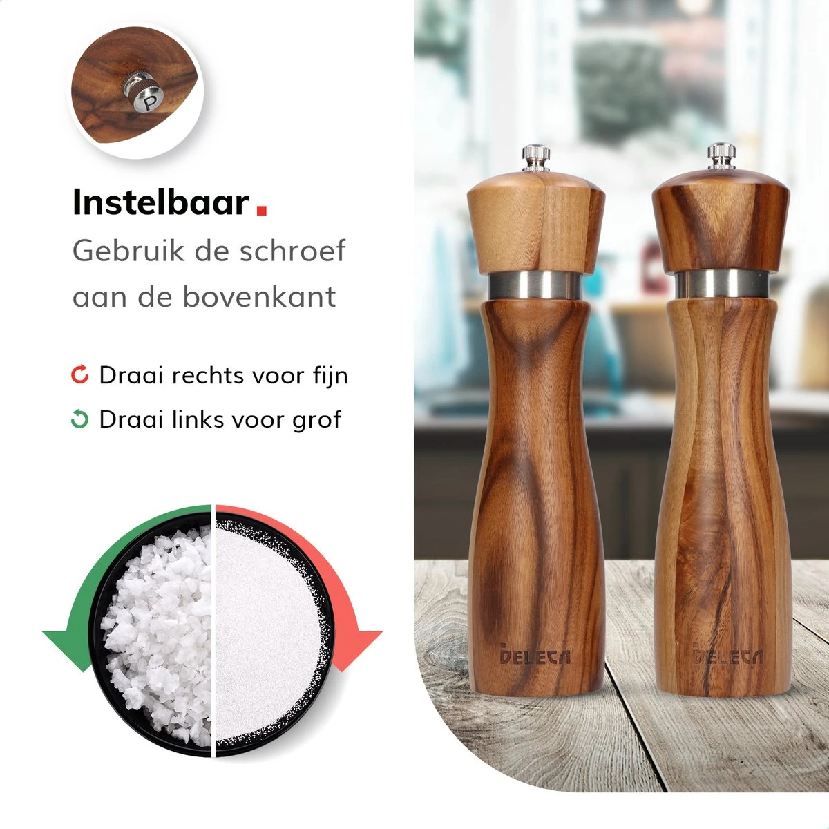 Deleca Peper En Zoutmolen Set - Handmatig Design - Pepermolen - Incl. Geschenkdoos - Premium FSC Acacia Hout - 20 Cm 4 Deleca Peper En Zoutmolen Set - Handmatig Design - Pepermolen - Incl. Geschenkdoos - Premium FSC Acacia Hout - 20 Cm - Afbeelding 4