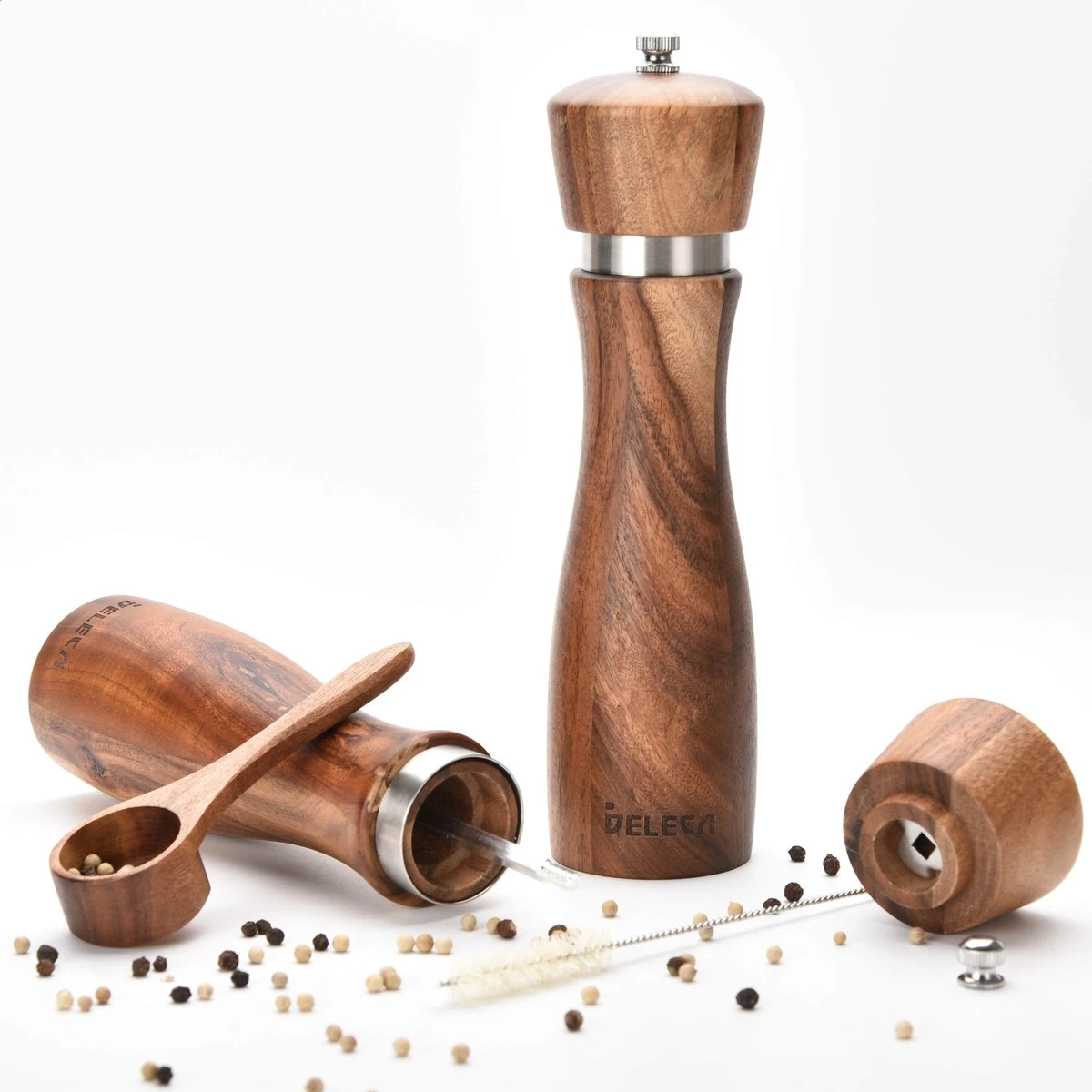 Deleca Peper En Zoutmolen Set - Handmatig Design - Pepermolen - Incl. Geschenkdoos - Premium FSC Acacia Hout - 20 Cm 5 Deleca Peper En Zoutmolen Set - Handmatig Design - Pepermolen - Incl. Geschenkdoos - Premium FSC Acacia Hout - 20 Cm - Afbeelding 5