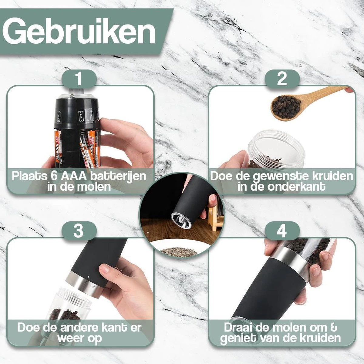Kitchen Deluxe® Peper En Zoutmolen Set Elektrisch - Kruidenmolen Incl. Standaard En Kookboek - Gravitatie - RVS 4 Kitchen Deluxe® Peper En Zoutmolen Set Elektrisch - Kruidenmolen Incl. Standaard En Kookboek - Gravitatie - RVS - Afbeelding 4