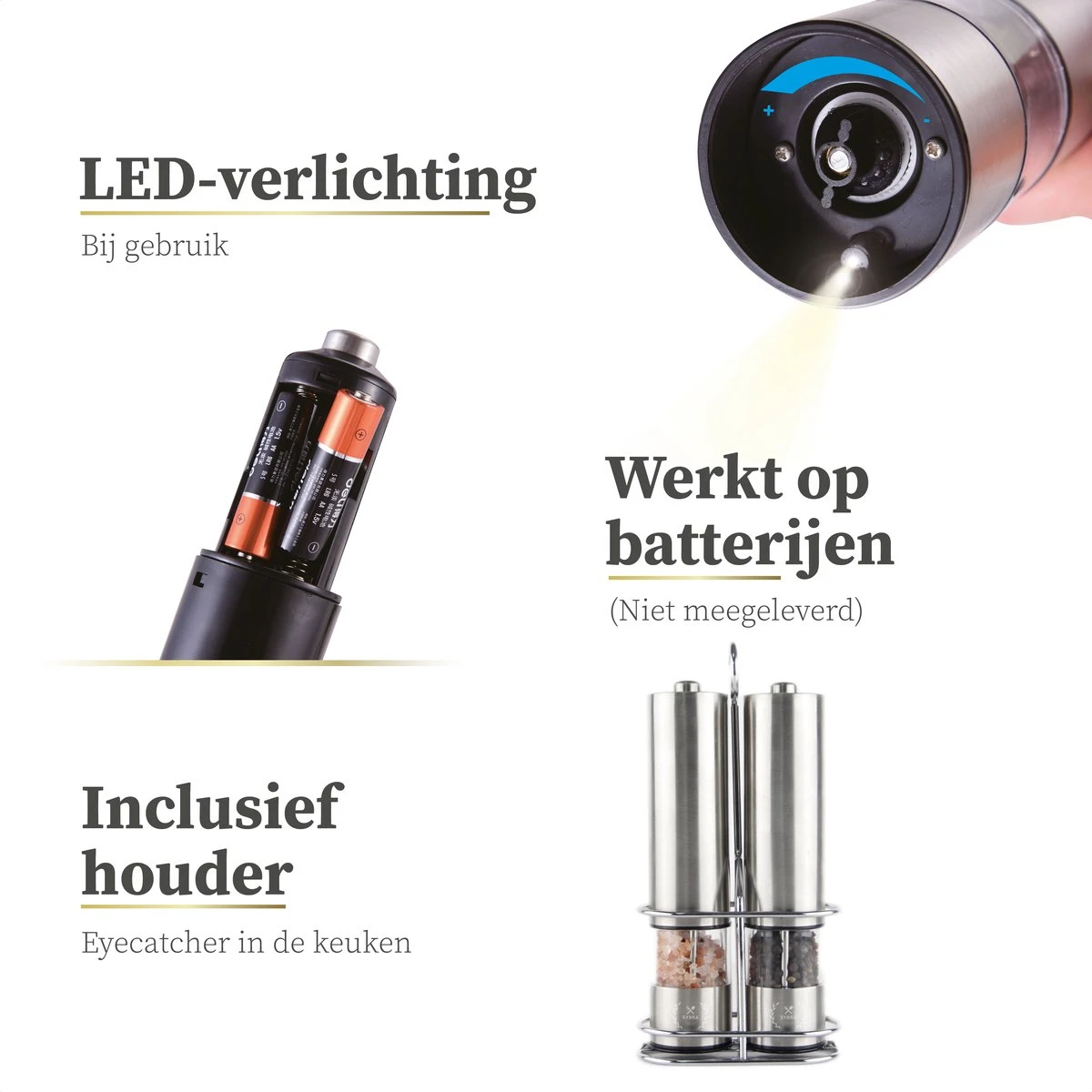 Sybra Peper En Zoutmolen Elektrisch – Peper En Zoutmolen Set Elektrisch – Pepermolen En Zoutmolen – Hoogwaardig RVS – Inclusief Houder 4 Sybra Peper En Zoutmolen Elektrisch – Peper En Zoutmolen Set Elektrisch – Pepermolen En Zoutmolen – Hoogwaardig RVS – Inclusief Houder - Afbeelding 4