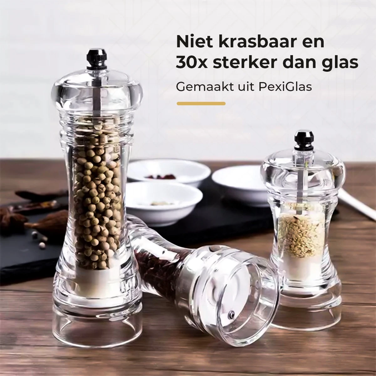 101Products Peper- & Zoutmolen Set - Acryl - Transparant - Verstelbare Maalgraad - Zeezout én Kruidenmixes 3 101Products Peper- & Zoutmolen Set - Acryl - Transparant - Verstelbare Maalgraad - Zeezout én Kruidenmixes - Afbeelding 3