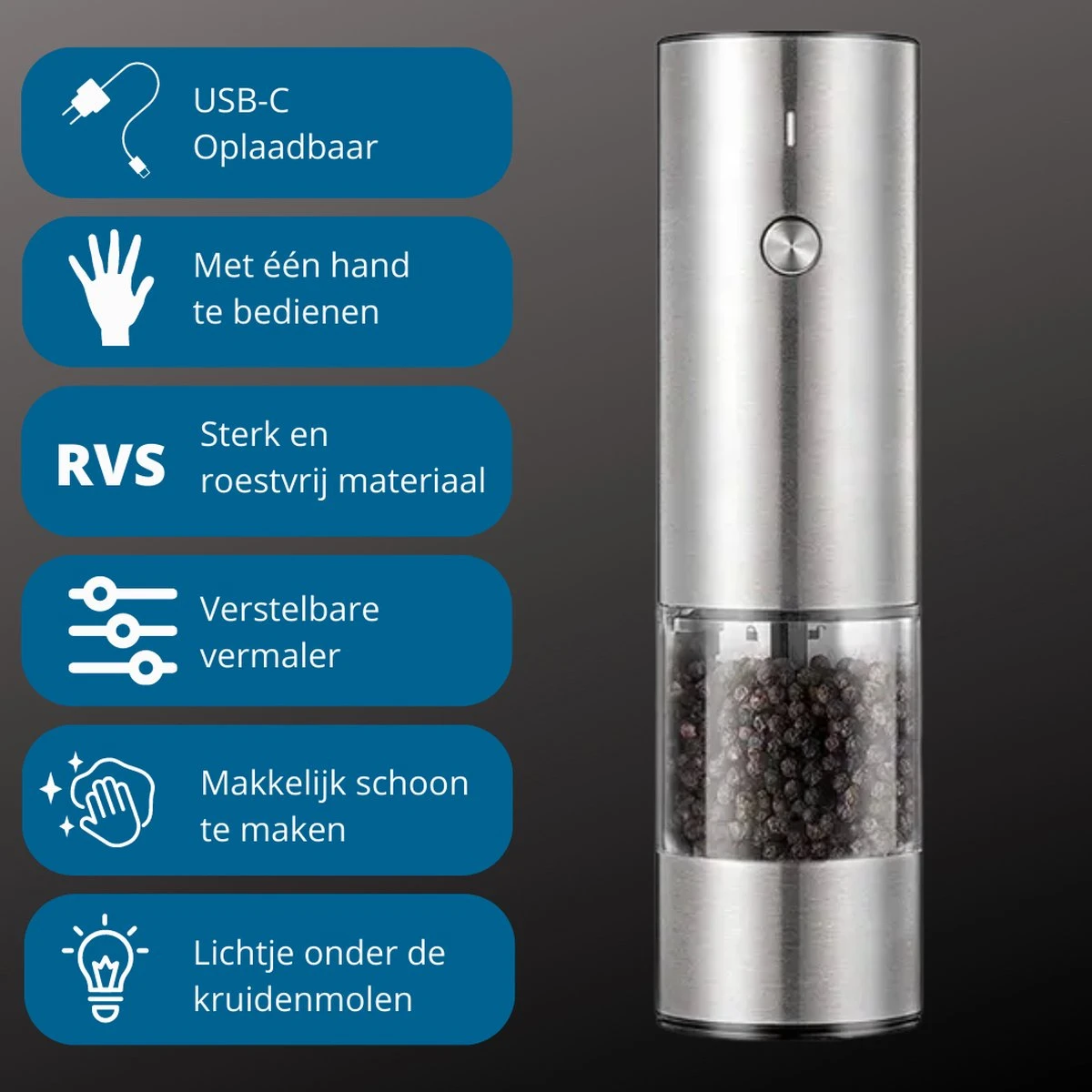 GOV Elektrische Peper- En Zoutmolen RVS XL Oplaadbaar - Automatische Pepermolen 3 GOV Elektrische Peper- En Zoutmolen RVS XL Oplaadbaar - Automatische Pepermolen - Afbeelding 3