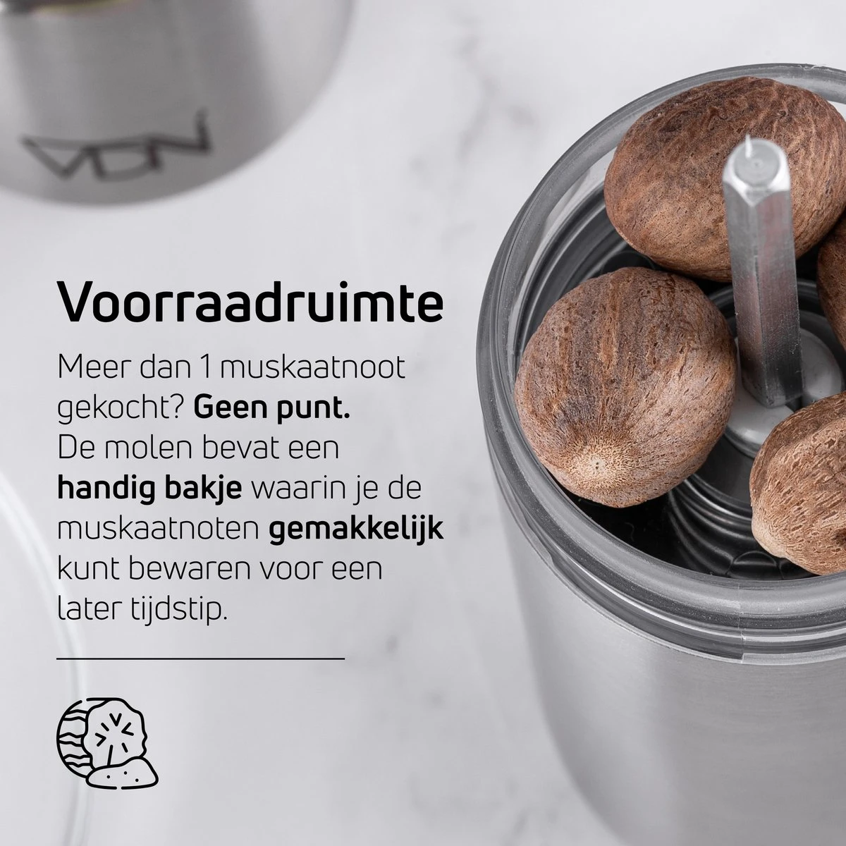 Nootmuskaatmolen – RVS – Met Voorraadruimte Voor 4 Muskaatnoten - Verse Nootmuskaat Bereiden – VDN 6 Nootmuskaatmolen – RVS – Met Voorraadruimte Voor 4 Muskaatnoten - Verse Nootmuskaat Bereiden – VDN - Afbeelding 6