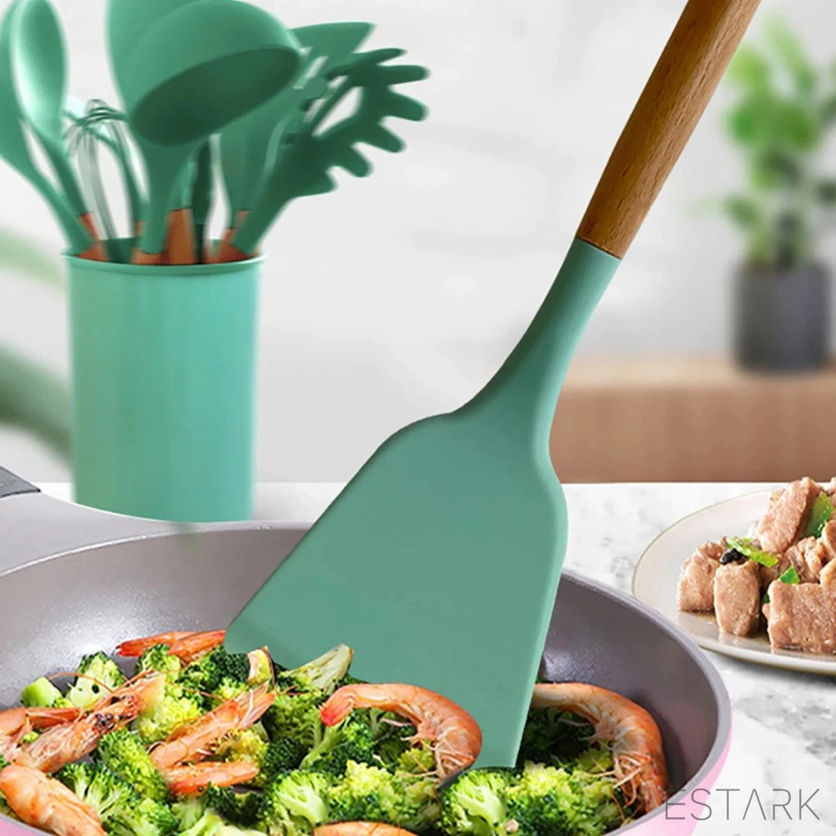 ESTARK® Keukengerei Set - Keukengerei Houder - Keukengerei Set Met Houder - 12 Delig - Antraciet Zwart - Houten Steel - Siliconen - Kerstcadeau - Pastalepel - Spatel Voor Beslag - Open Spatel - Grote Lepel - Open Lepel - Soeplepel - Keuken Spatels 12 3 ESTARK® Keukengerei Set - Keukengerei Houder - Keukengerei Set Met Houder - 12 Delig - Antraciet Zwart - Houten Steel - Siliconen - Kerstcadeau - Pastalepel - Spatel Voor Beslag - Open Spatel - Grote Lepel - Open Lepel - Soeplepel - Keuken Spatels 12 - Afbeelding 3