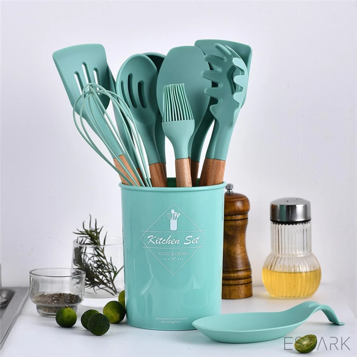 ESTARK® Keukengerei Set - Keukengerei Houder - Keukengerei Set Met Houder - 12 Delig - Antraciet Zwart - Houten Steel - Siliconen - Kerstcadeau - Pastalepel - Spatel Voor Beslag - Open Spatel - Grote Lepel - Open Lepel - Soeplepel - Keuken Spatels 12 6 ESTARK® Keukengerei Set - Keukengerei Houder - Keukengerei Set Met Houder - 12 Delig - Antraciet Zwart - Houten Steel - Siliconen - Kerstcadeau - Pastalepel - Spatel Voor Beslag - Open Spatel - Grote Lepel - Open Lepel - Soeplepel - Keuken Spatels 12 - Afbeelding 6
