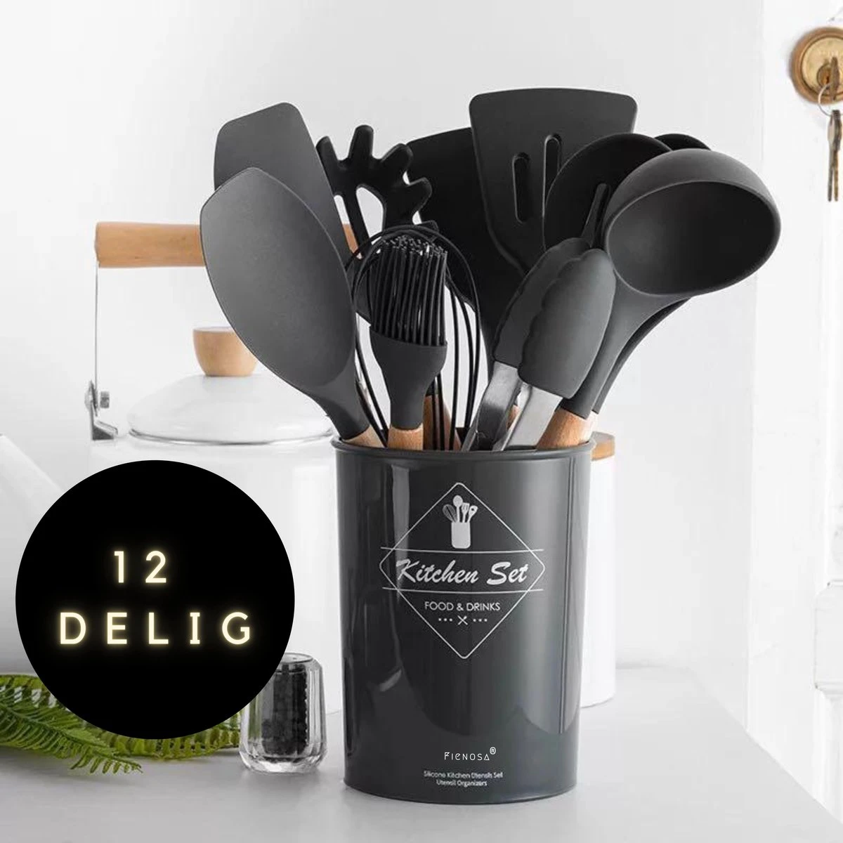 Keukengerei Set - Keukengerei Houder - Keukengerei Set Met Houder - 12 Delig - Antraciet Zwart - Houten Steel - Siliconen - Kerstcadeau - Fienosa 1 Keukengerei Set - Keukengerei Houder - Keukengerei Set Met Houder - 12 Delig - Antraciet Zwart - Houten Steel - Siliconen - Kerstcadeau - Fienosa
