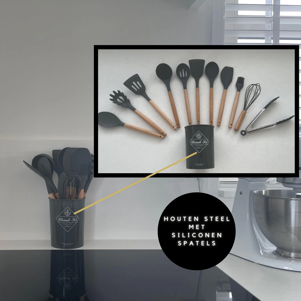 Keukengerei Set - Keukengerei Houder - Keukengerei Set Met Houder - 12 Delig - Antraciet Zwart - Houten Steel - Siliconen - Kerstcadeau - Fienosa 6 Keukengerei Set - Keukengerei Houder - Keukengerei Set Met Houder - 12 Delig - Antraciet Zwart - Houten Steel - Siliconen - Kerstcadeau - Fienosa - Afbeelding 6