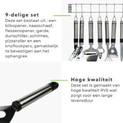 Cheqo® Ophangbare Keukengerei - RVS Keukengerei Met Houder - Keukenset Muurhouder - Ophangrek Met Haken - Met Blikopener - Kaasschaaf - Garde - Flessenopener - Dunschiller - Schilmes - Pizzaroller - Knoflookpers - 9 Delig 7 Cheqo® Ophangbare Keukengerei - RVS Keukengerei Met Houder - Keukenset Muurhouder - Ophangrek Met Haken - Met Blikopener - Kaasschaaf - Garde - Flessenopener - Dunschiller - Schilmes - Pizzaroller - Knoflookpers - 9 Delig -Kookgerei Koning Verkoop 1200x1200 2706