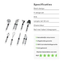 Cheqo® Ophangbare Keukengerei - RVS Keukengerei Met Houder - Keukenset Muurhouder - Ophangrek Met Haken - Met Blikopener - Kaasschaaf - Garde - Flessenopener - Dunschiller - Schilmes - Pizzaroller - Knoflookpers - 9 Delig 8 Cheqo® Ophangbare Keukengerei - RVS Keukengerei Met Houder - Keukenset Muurhouder - Ophangrek Met Haken - Met Blikopener - Kaasschaaf - Garde - Flessenopener - Dunschiller - Schilmes - Pizzaroller - Knoflookpers - 9 Delig -Kookgerei Koning Verkoop 1200x1200 2707