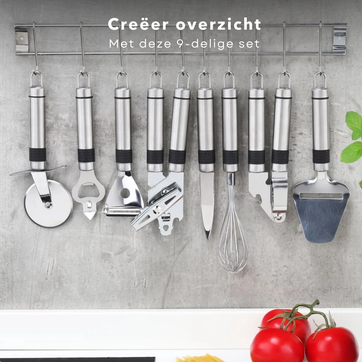 Cheqo® Ophangbare Keukengerei - RVS Keukengerei Met Houder - Keukenset Muurhouder - Ophangrek Met Haken - Met Blikopener - Kaasschaaf - Garde - Flessenopener - Dunschiller - Schilmes - Pizzaroller - Knoflookpers - 9 Delig 5 Cheqo® Ophangbare Keukengerei - RVS Keukengerei Met Houder - Keukenset Muurhouder - Ophangrek Met Haken - Met Blikopener - Kaasschaaf - Garde - Flessenopener - Dunschiller - Schilmes - Pizzaroller - Knoflookpers - 9 Delig - Afbeelding 5