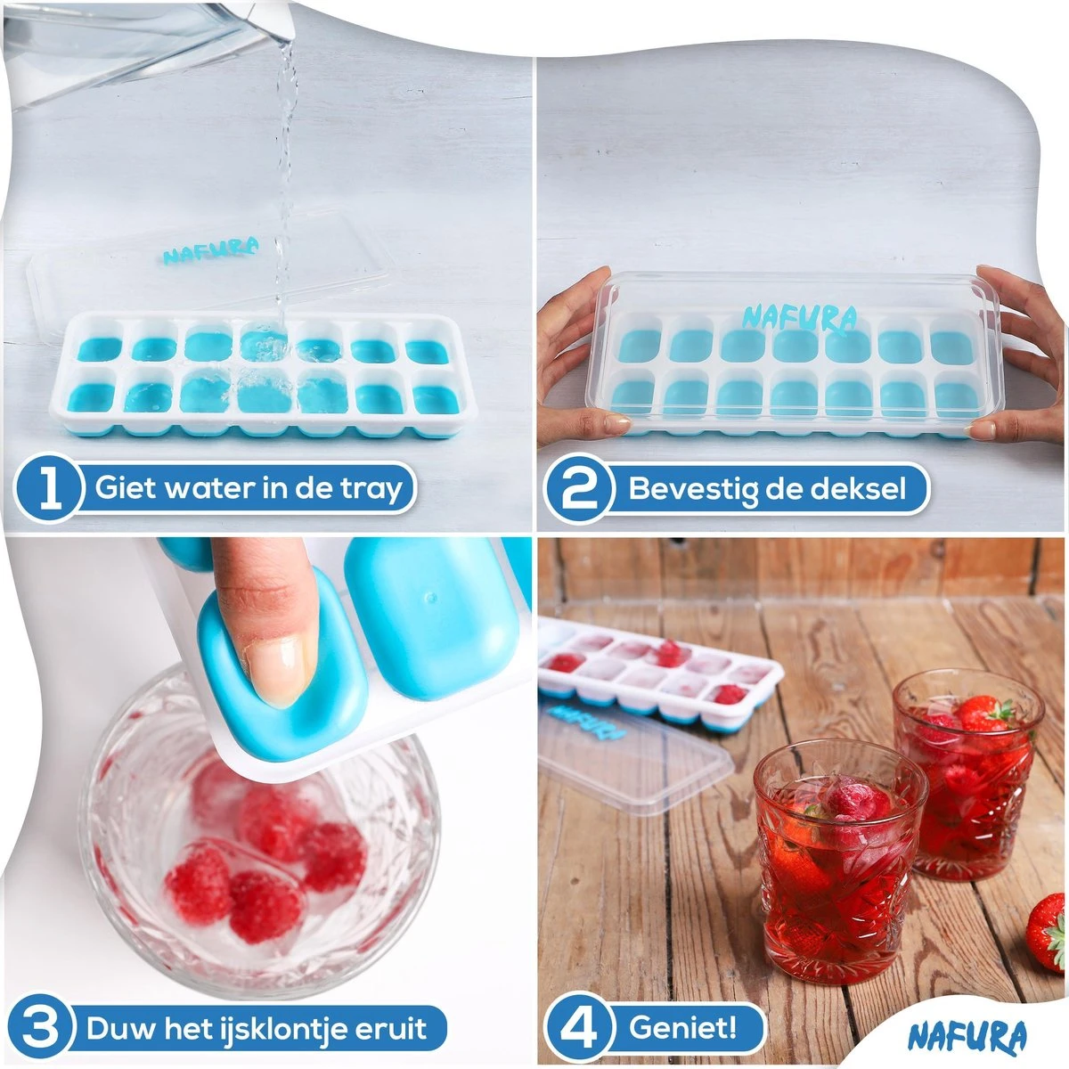 Nafura® Siliconen Ijsblokjesvorm Met Deksel – Ijsvormpjes Maker – Ijsklontjes Vorm - 4 Stuks – Herbruikbaar – BPA Vrij - Vierkant 6 Nafura® Siliconen Ijsblokjesvorm Met Deksel – Ijsvormpjes Maker – Ijsklontjes Vorm - 4 Stuks – Herbruikbaar – BPA Vrij - Vierkant - Afbeelding 6
