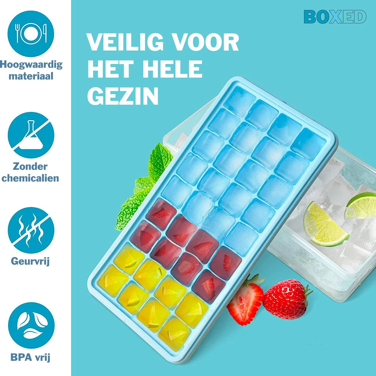 Boxed IJsblokjesvorm Met Bak, Schep En Deksel - IJsvormpjes Maker - Silcione IJsklontjes Vorm - Blauw 4 Boxed IJsblokjesvorm Met Bak, Schep En Deksel - IJsvormpjes Maker - Silcione IJsklontjes Vorm - Blauw - Afbeelding 4