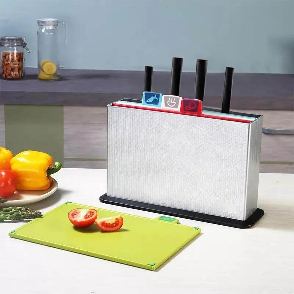 Joseph Joseph Folio Kunststof Snijplanken Set Met 4 Messen En Houder - Kunststof - Vaatwasserbestendig En Opbergkoffer En Gemakkelijk Toegankelijk Vaatwasmachinebestendig Antislip Groot Zilver 2 Joseph Joseph Folio Kunststof Snijplanken Set Met 4 Messen En Houder - Kunststof - Vaatwasserbestendig En Opbergkoffer En Gemakkelijk Toegankelijk Vaatwasmachinebestendig Antislip Groot Zilver - Afbeelding 2