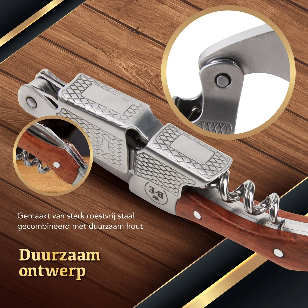 Bar Essentials Heavy Duty Kelnersmes - Wijn Opener - Kurkentrekker Wijn - Sommeliersmes - Tweetraps Hefboom - Hout 2 Bar Essentials Heavy Duty Kelnersmes - Wijn Opener - Kurkentrekker Wijn - Sommeliersmes - Tweetraps Hefboom - Hout - Afbeelding 2