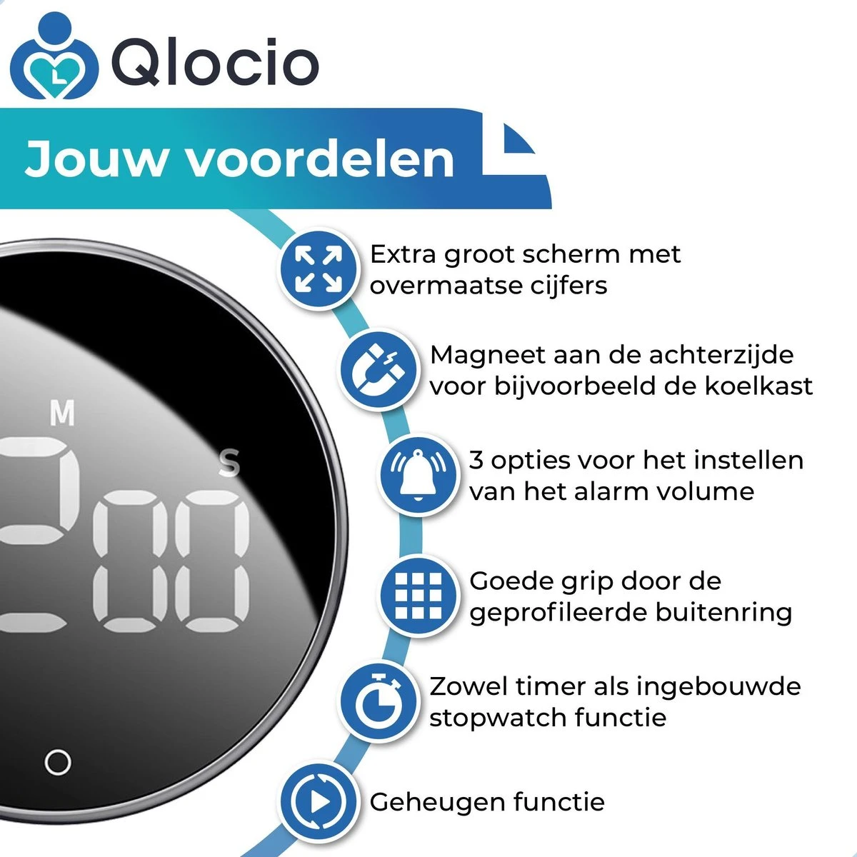 Qlocio Digitale Kookwekker Klok - Keukenwekker - Magnetisch - Zwart 4 Qlocio Digitale Kookwekker Klok - Keukenwekker - Magnetisch - Zwart - Afbeelding 4