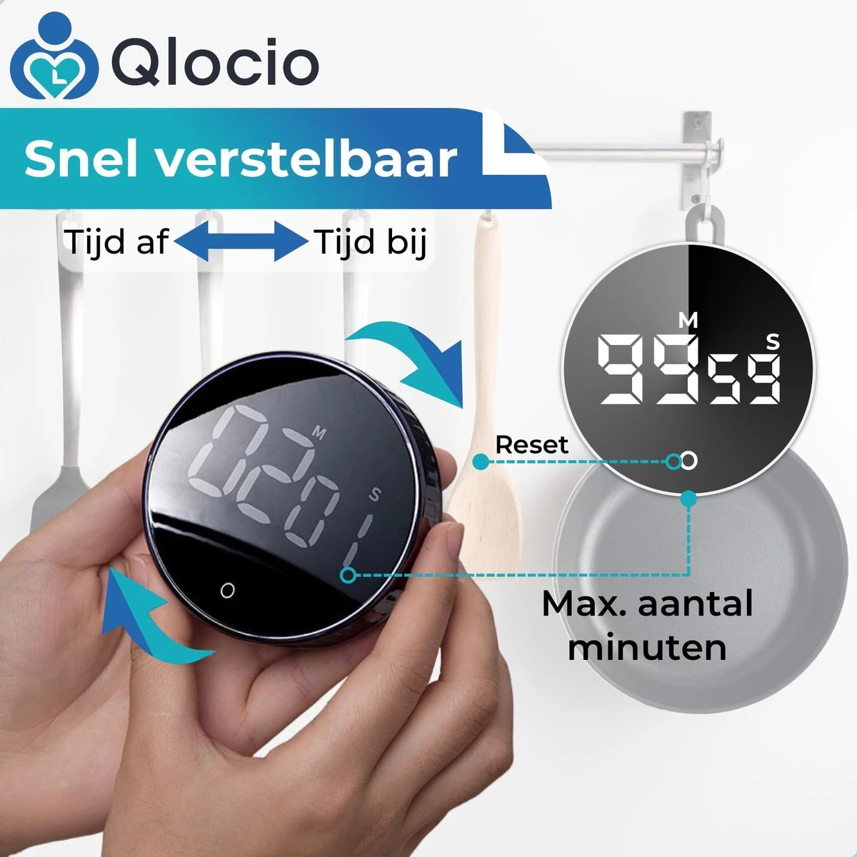 Qlocio Digitale Kookwekker Klok - Keukenwekker - Magnetisch - Zwart 6 Qlocio Digitale Kookwekker Klok - Keukenwekker - Magnetisch - Zwart - Afbeelding 6