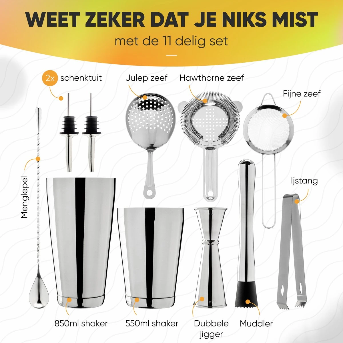 Cocktail Set Bartender Pros™ - Cocktail Shaker - 11-Delige Cocktailset - Boston Shaker - Cocktailshaker - Zilver - RVS 7 Cocktail Set Bartender Pros™ - Cocktail Shaker - 11-Delige Cocktailset - Boston Shaker - Cocktailshaker - Zilver - RVS - Afbeelding 7