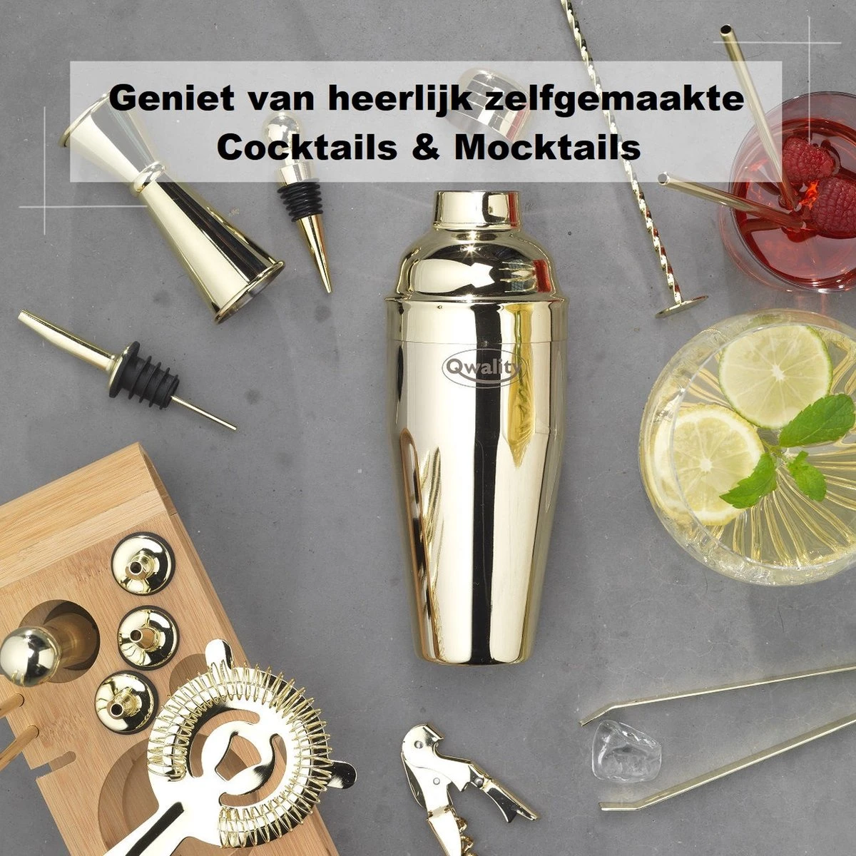 Cocktail Set - 20 Delig (750ml) - Cocktail Shaker Set - Incl. Nederlandstalig Recepten E-book – Valentijn - Luxe Cadeau Man Vrouw - Shaker Set – Goudkleurig – Qwality 7 Cocktail Set - 20 Delig (750ml) - Cocktail Shaker Set - Incl. Nederlandstalig Recepten E-book – Valentijn - Luxe Cadeau Man Vrouw - Shaker Set – Goudkleurig – Qwality - Afbeelding 7