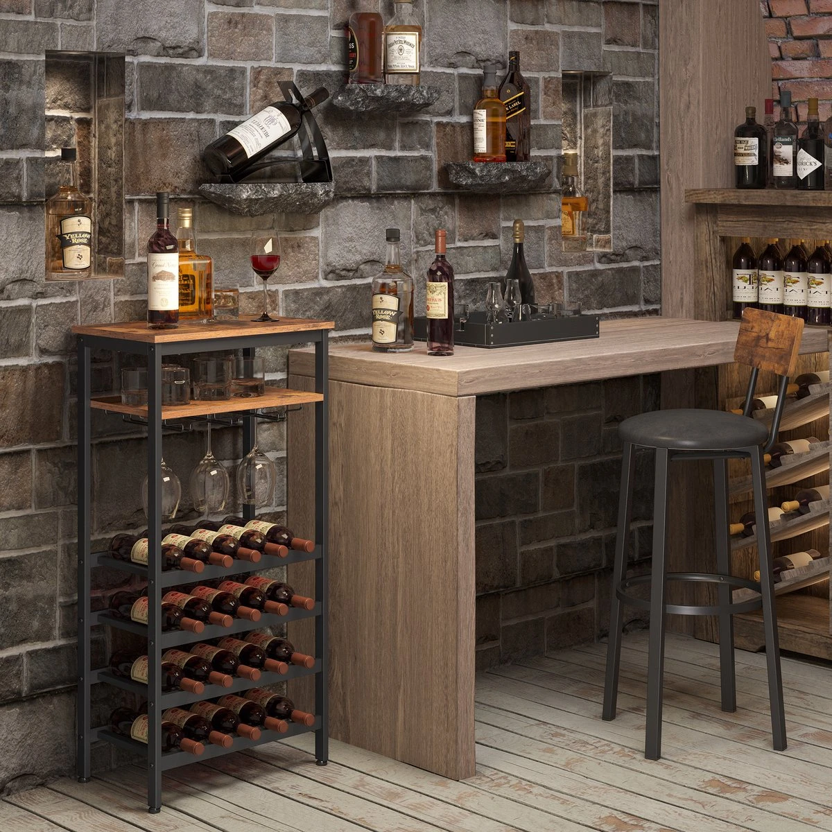 VinoDiMontagna Wijnrek - Wijnmeubel - Metaal - Hout - Flessenrek Voor 20 Flessen Met Glashouder, Voor Kelder, Keuken, Eetkamer - Industriële Stijl - 50 X 32 X 100 Cm (L X B X H) 5 VinoDiMontagna Wijnrek - Wijnmeubel - Metaal - Hout - Flessenrek Voor 20 Flessen Met Glashouder, Voor Kelder, Keuken, Eetkamer - Industriële Stijl - 50 X 32 X 100 Cm (L X B X H) - Afbeelding 5