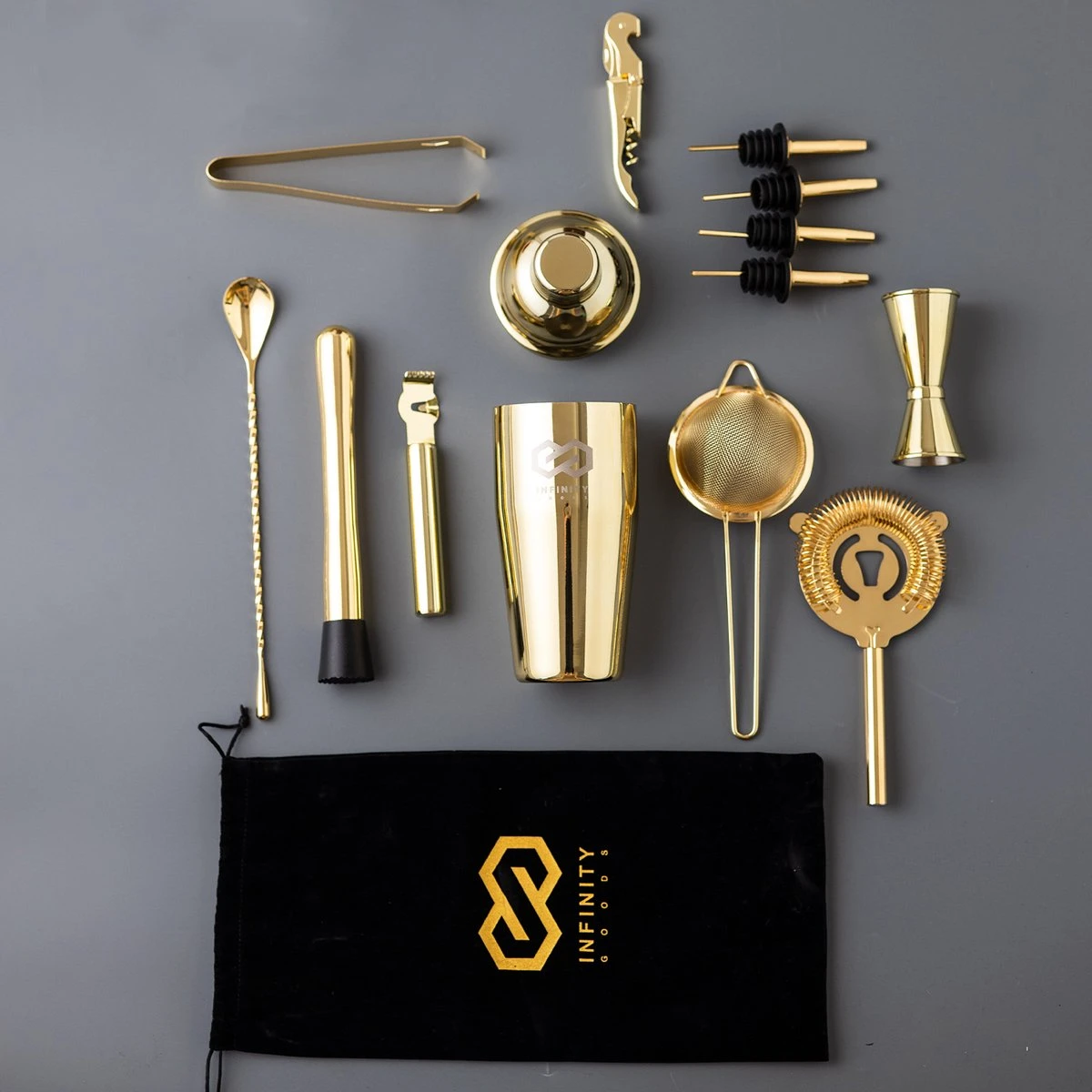 Infinity Goods Cocktailset - 15 Delige Gold Edition Cocktail Shaker Set - Luxe Cadeauverpakking - Inclusief Recepten - Goud 2 Infinity Goods Cocktailset - 15 Delige Gold Edition Cocktail Shaker Set - Luxe Cadeauverpakking - Inclusief Recepten - Goud - Afbeelding 2