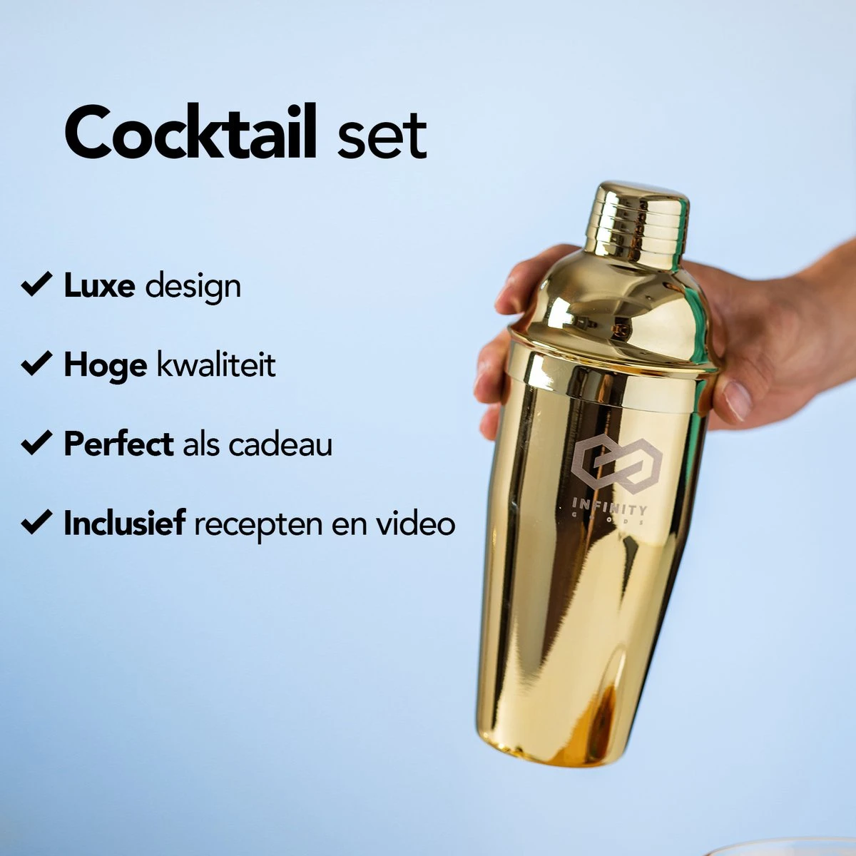 Infinity Goods Cocktailset - 15 Delige Gold Edition Cocktail Shaker Set - Luxe Cadeauverpakking - Inclusief Recepten - Goud 4 Infinity Goods Cocktailset - 15 Delige Gold Edition Cocktail Shaker Set - Luxe Cadeauverpakking - Inclusief Recepten - Goud - Afbeelding 4