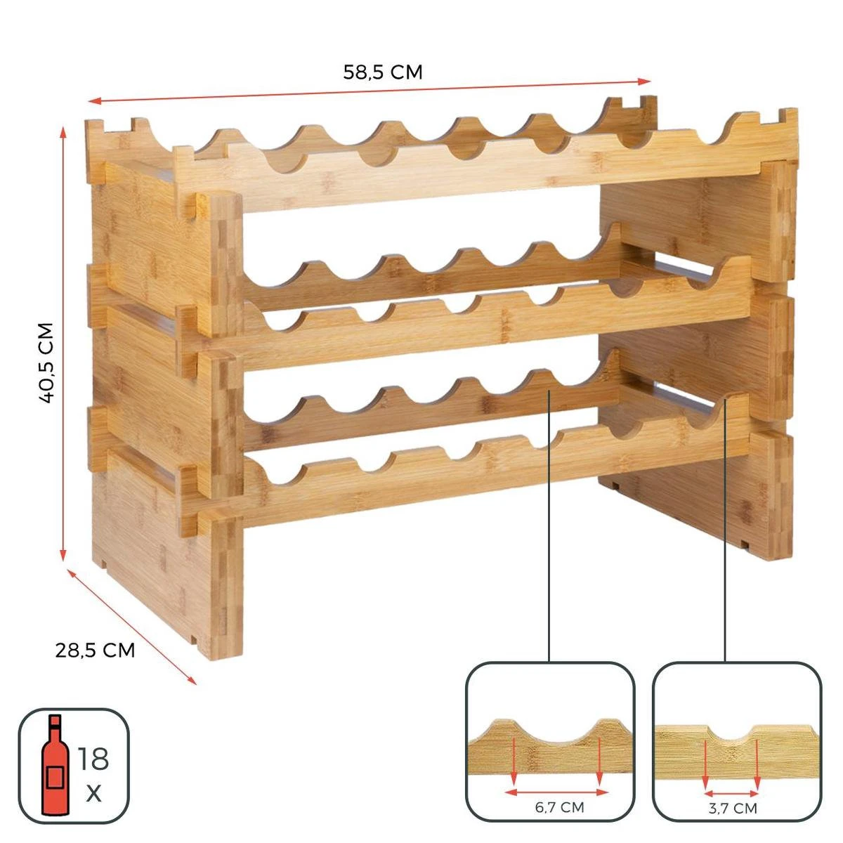 KitchenBrothers Bamboe Wijnrek Voor 18 Flessen - 3 Delig Stapelbaar Bamboo Flessenrek - 58,5 X 28,5 X 40,5cm - Blank Hout 2 KitchenBrothers Bamboe Wijnrek Voor 18 Flessen - 3 Delig Stapelbaar Bamboo Flessenrek - 58,5 X 28,5 X 40,5cm - Blank Hout - Afbeelding 2