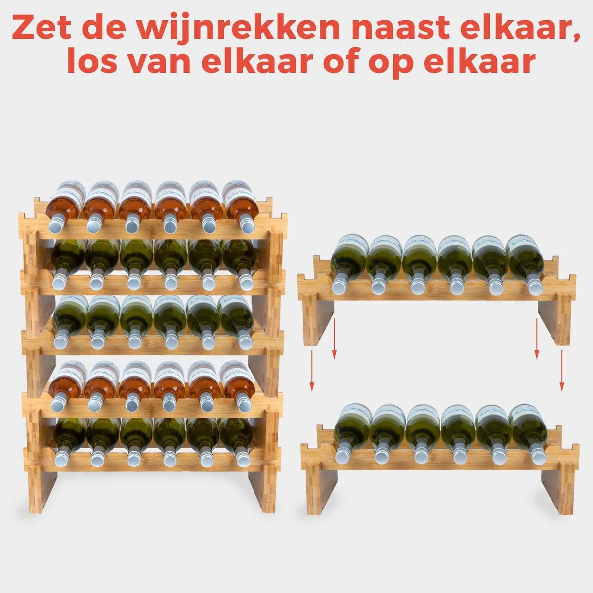 KitchenBrothers Bamboe Wijnrek Voor 18 Flessen - 3 Delig Stapelbaar Bamboo Flessenrek - 58,5 X 28,5 X 40,5cm - Blank Hout 4 KitchenBrothers Bamboe Wijnrek Voor 18 Flessen - 3 Delig Stapelbaar Bamboo Flessenrek - 58,5 X 28,5 X 40,5cm - Blank Hout - Afbeelding 4