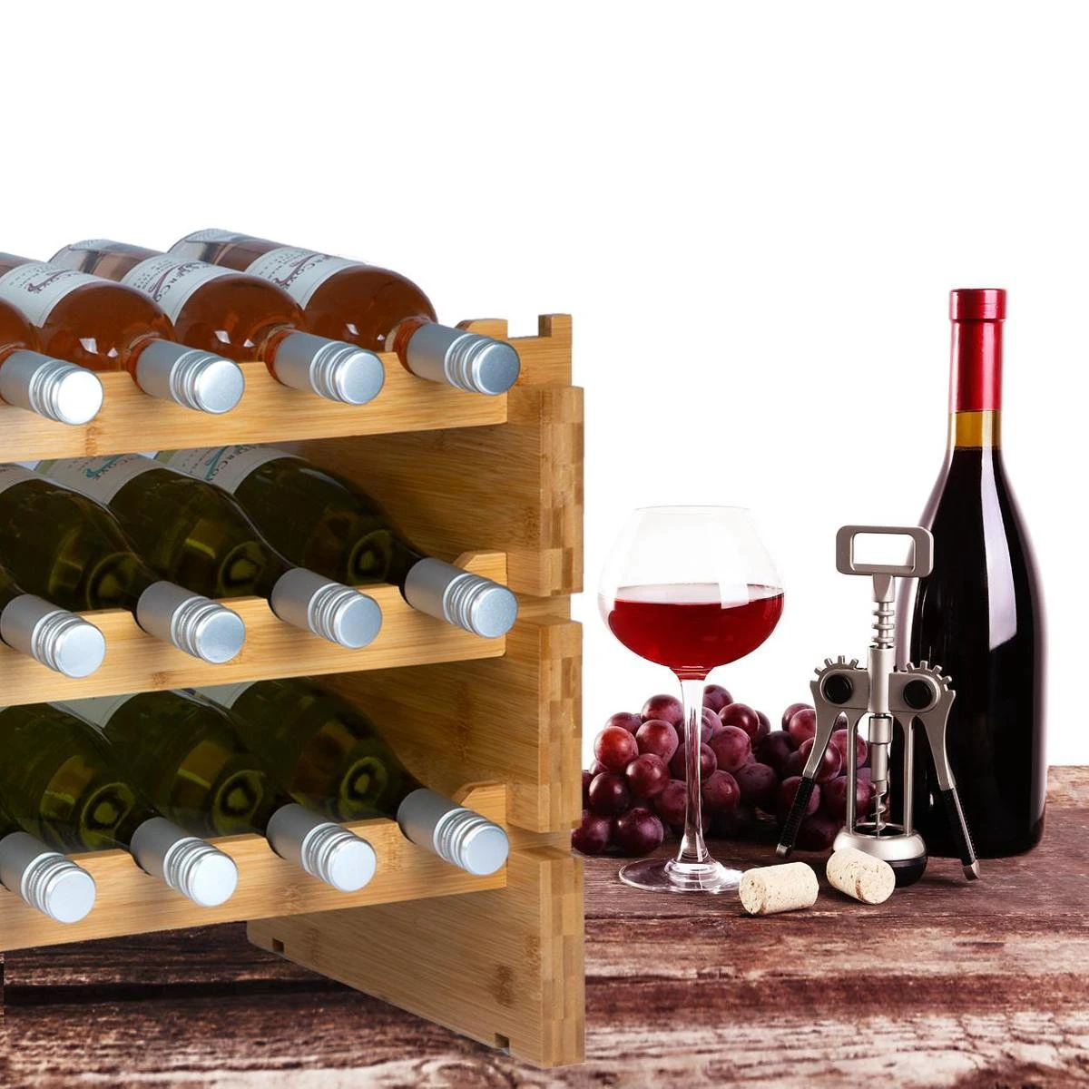 KitchenBrothers Bamboe Wijnrek Voor 18 Flessen - 3 Delig Stapelbaar Bamboo Flessenrek - 58,5 X 28,5 X 40,5cm - Blank Hout 6 KitchenBrothers Bamboe Wijnrek Voor 18 Flessen - 3 Delig Stapelbaar Bamboo Flessenrek - 58,5 X 28,5 X 40,5cm - Blank Hout - Afbeelding 6