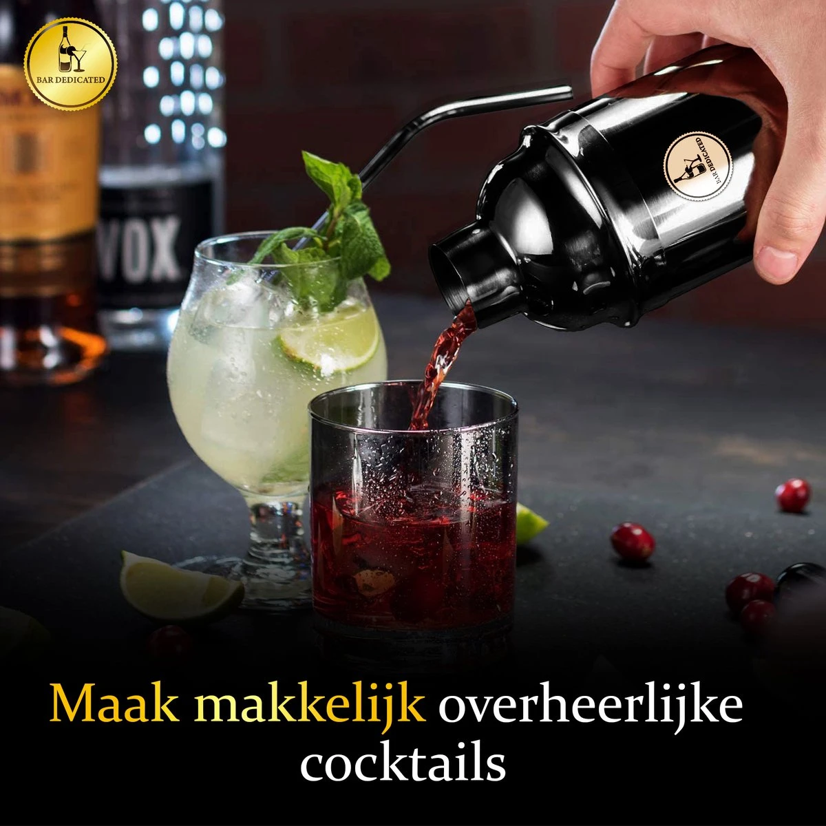 Bar Dedicated - Cocktail Shaker Set - 16 Delig - Cocktail Set Zwart - Met Nederlandstalig Receptenboek - Pasen 3 Bar Dedicated - Cocktail Shaker Set - 16 Delig - Cocktail Set Zwart - Met Nederlandstalig Receptenboek - Pasen - Afbeelding 3