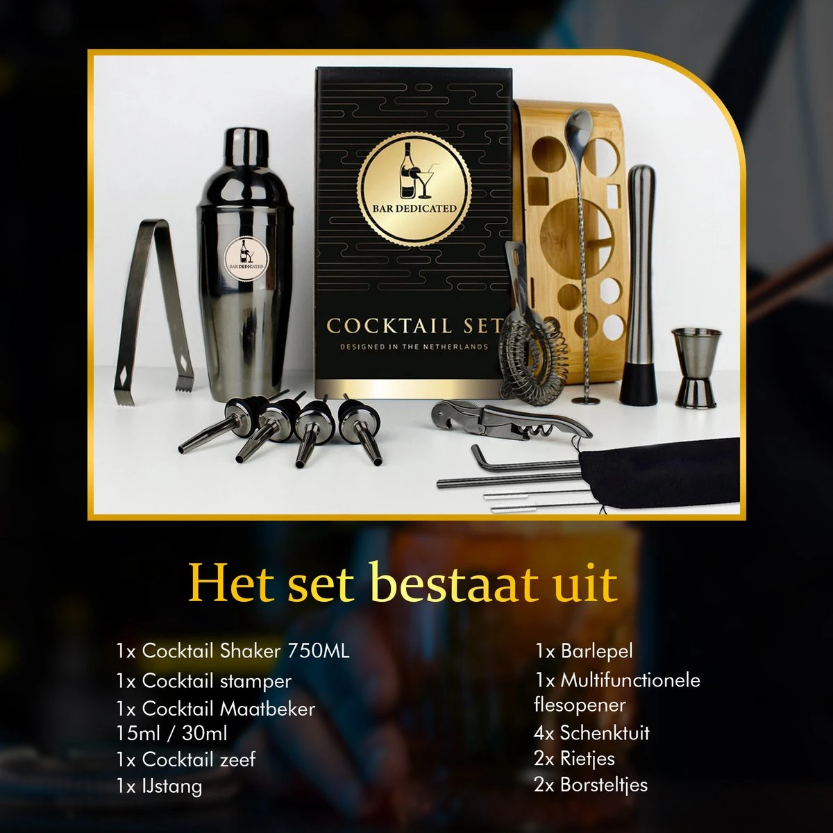 Bar Dedicated - Cocktail Shaker Set - 16 Delig - Cocktail Set Zwart - Met Nederlandstalig Receptenboek - Pasen 7 Bar Dedicated - Cocktail Shaker Set - 16 Delig - Cocktail Set Zwart - Met Nederlandstalig Receptenboek - Pasen - Afbeelding 7