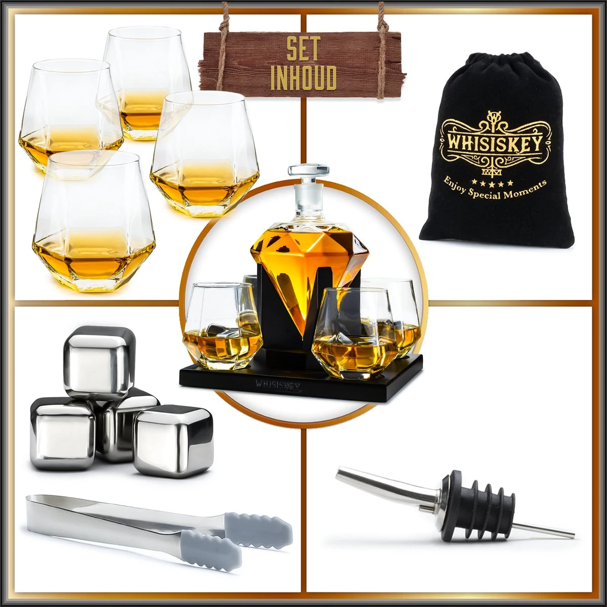 Whisiskey Whiskey Karaf - Diamant - Luxe Whisky Karaf Set - Whiskey Set - 0,9 L - Decanteer Karaf - Incl. Whiskey Stones, Schenktuit En 4 Whiskey Glazen - Peaky Blinders - Cadeau Voor Man & Vrouw 7 Whisiskey Whiskey Karaf - Diamant - Luxe Whisky Karaf Set - Whiskey Set - 0,9 L - Decanteer Karaf - Incl. Whiskey Stones, Schenktuit En 4 Whiskey Glazen - Peaky Blinders - Cadeau Voor Man & Vrouw - Afbeelding 7