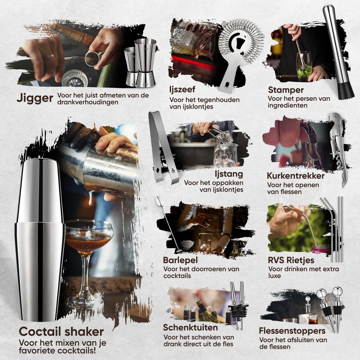 Strex Cocktail Set Zilver RVS 21 Delig (750ml) - Incl. NL Receptenboek - Cocktail Shaker - Cadeauverpakking 6 Strex Cocktail Set Zilver RVS 21 Delig (750ml) - Incl. NL Receptenboek - Cocktail Shaker - Cadeauverpakking - Afbeelding 6
