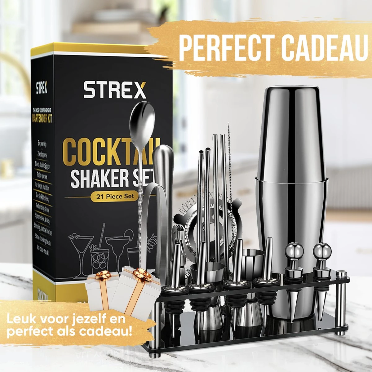 Strex Cocktail Set Zilver RVS 21 Delig (750ml) - Incl. NL Receptenboek - Cocktail Shaker - Cadeauverpakking 8 Strex Cocktail Set Zilver RVS 21 Delig (750ml) - Incl. NL Receptenboek - Cocktail Shaker - Cadeauverpakking - Afbeelding 8