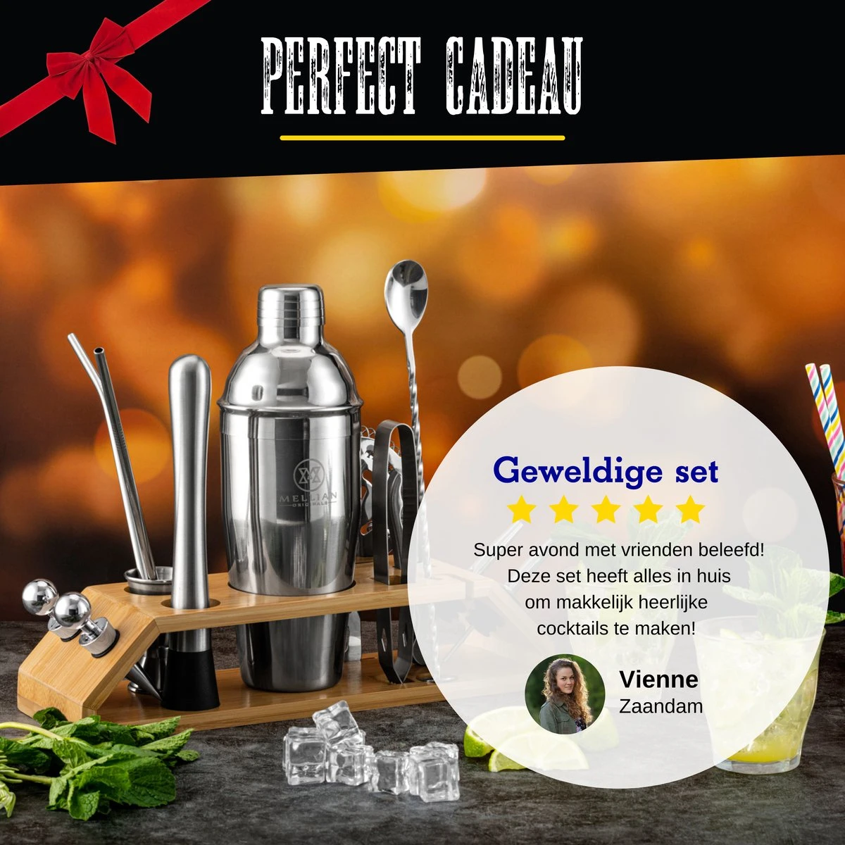 Mellian - Cocktail Set - 15-delige Cocktail Shaker Set - Inclusief Bamboe Standaard & Menukaart 9 Mellian - Cocktail Set - 15-delige Cocktail Shaker Set - Inclusief Bamboe Standaard & Menukaart - Afbeelding 9