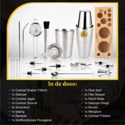 Bar Dedicated - Cocktail Shaker Set 23 Delig - Cocktail Shaker - 750 ML - Inclusief Nederlandstalige Cocktail Boek - Stamper - Maatbeker - Pasen -Kookgerei Koning Verkoop 1200x1200 6005