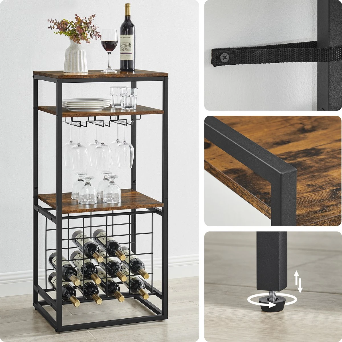 IN.HOMEXL - Sheaf - Wijnrek Voor 20 Flessen - Industrieel - Wijnrek Metaal - Bruin / Zwart - Flessenrek - 52 X 40 X 113 Cm 5 IN.HOMEXL - Sheaf - Wijnrek Voor 20 Flessen - Industrieel - Wijnrek Metaal - Bruin / Zwart - Flessenrek - 52 X 40 X 113 Cm - Afbeelding 5