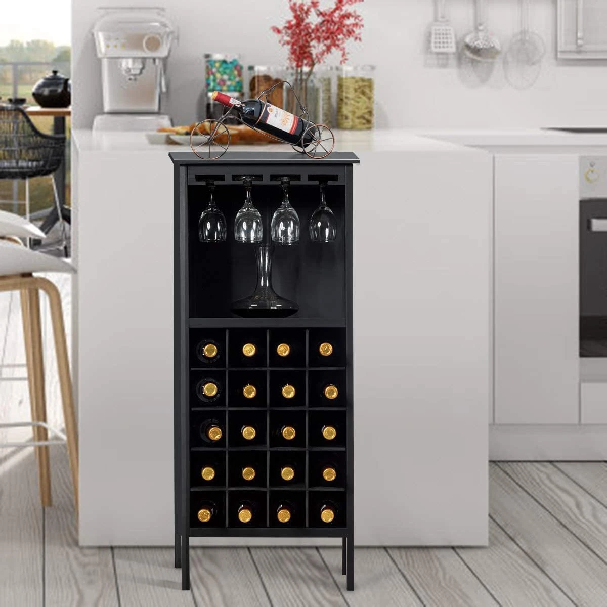 LUXGOODS Wijnkast Voor 20 Flessen, Wijnrek, Wijn Fles Organisator Opslag Plank Weergeven Houten Wijnrek Met Glas Hanger En Fles Houder (Zwart) 6 LUXGOODS Wijnkast Voor 20 Flessen, Wijnrek, Wijn Fles Organisator Opslag Plank Weergeven Houten Wijnrek Met Glas Hanger En Fles Houder (Zwart) - Afbeelding 6