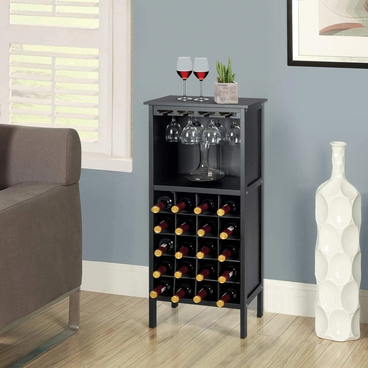 LUXGOODS Wijnkast Voor 20 Flessen, Wijnrek, Wijn Fles Organisator Opslag Plank Weergeven Houten Wijnrek Met Glas Hanger En Fles Houder (Zwart) 8 LUXGOODS Wijnkast Voor 20 Flessen, Wijnrek, Wijn Fles Organisator Opslag Plank Weergeven Houten Wijnrek Met Glas Hanger En Fles Houder (Zwart) - Afbeelding 8