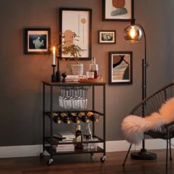 IN.HOMEXL Ashlo - Wijnkast Op Wielen - Wijnrek Metaal - Hout - Industrieel Kast - Voor 9 Flessen - 60 X 40 X 75 Cm - Hout - Bruin/ Zwart