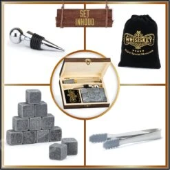 Whisiskey Luxe Whiskey Stones Set - 12 Stuks - Fluwelen Opbergzak - Flessenstopper - IJstang - Herbruikbare IJsblokjes - Natuursteen Whiskey Stenen Voor Glazen - Accessoires - IJklontjes Steen - Drank Koeler - Cadeau Voor Man -Kookgerei Koning Verkoop 1200x1200 6404