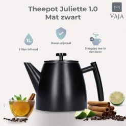 Vaja® Camille Theepot Zwart Met Filter - 1 Liter - RVS - Dubbelwanding -Kookgerei Koning Verkoop 1200x1200 859