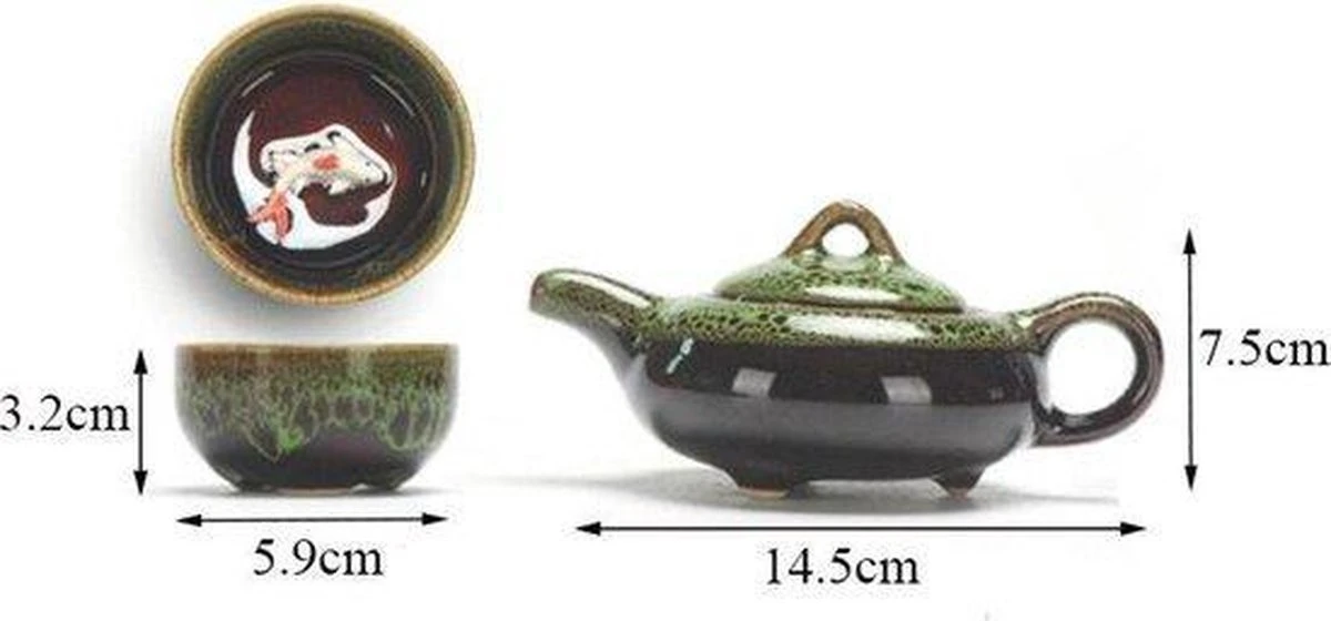 Merkloos Chinese Kung Fu Theeset Keramiek - Theepot Met 6 Kopjes - Koi Karper Design - Blauw 2 Merkloos Chinese Kung Fu Theeset Keramiek - Theepot Met 6 Kopjes - Koi Karper Design - Blauw - Afbeelding 2