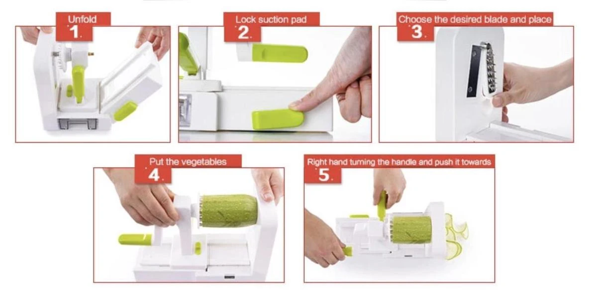 Merkloos Premiumful ® - Multifunctionele Spiraalsnijder Met Zuignap - Inclusief 5 Verschillende Snijbladen - Opvouwbaar - BPA Vrij 4 Merkloos Premiumful ® - Multifunctionele Spiraalsnijder Met Zuignap - Inclusief 5 Verschillende Snijbladen - Opvouwbaar - BPA Vrij - Afbeelding 4