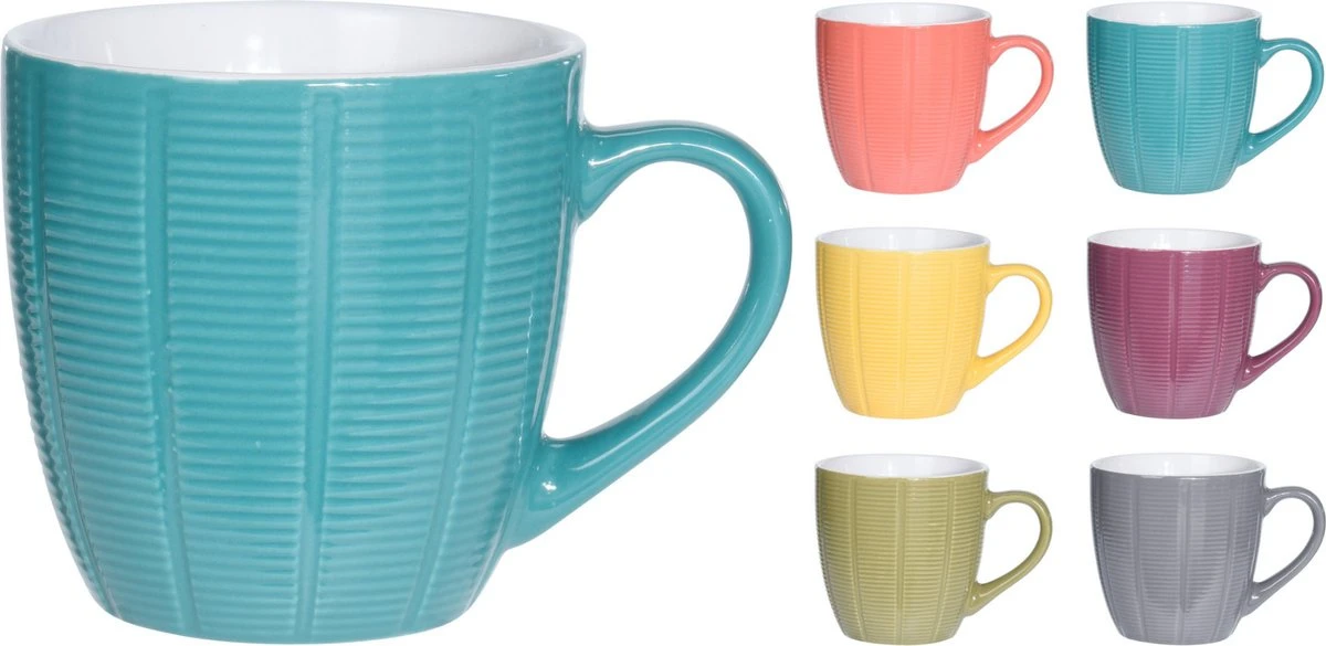 Orange85 Koffiekopjes Gekleurd - Set Van 6 - Koffiemokken - Streep - 200 Ml - Reliëf - Aardewerk - Met Oor - Theemokken 1 Orange85 Koffiekopjes Gekleurd - Set Van 6 - Koffiemokken - Streep - 200 Ml - Reliëf - Aardewerk - Met Oor - Theemokken
