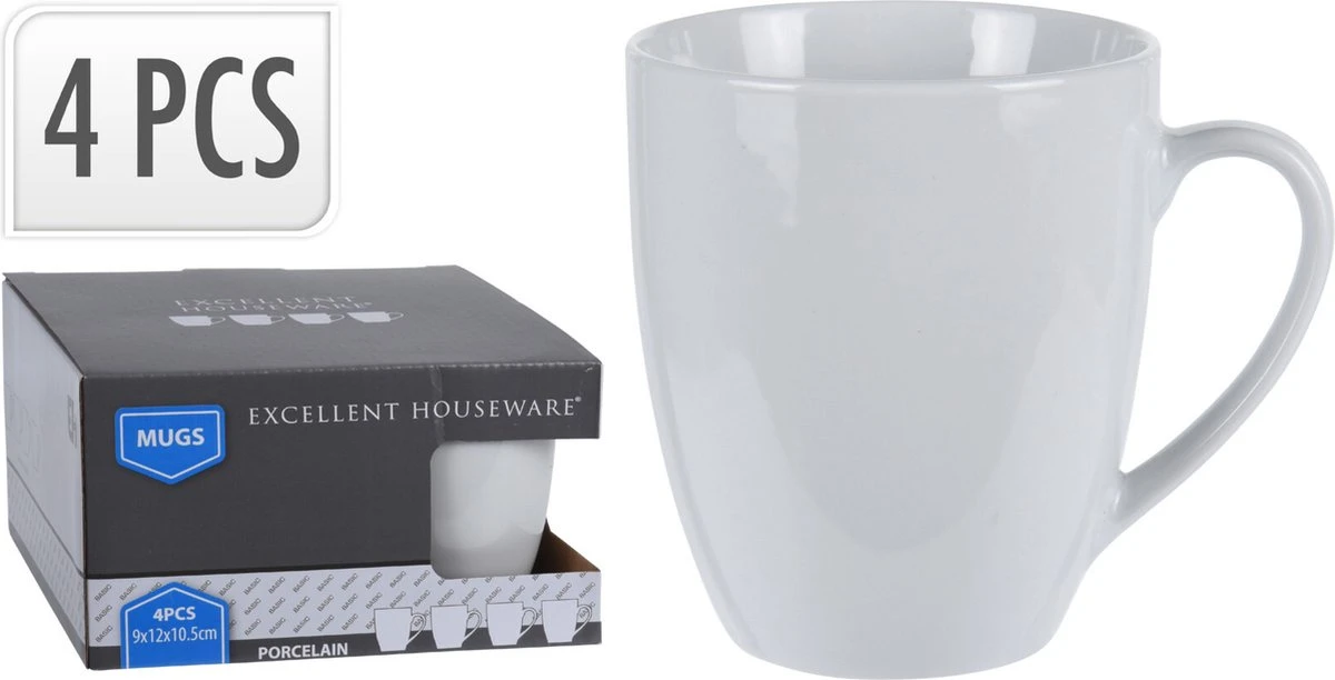 Excellent Houseware Set Van 4x Stuks Bekers/mokken Wit 380 Ml Van Porselein - Melkbekers 5 Excellent Houseware Set Van 4x Stuks Bekers/mokken Wit 380 Ml Van Porselein - Melkbekers - Afbeelding 5