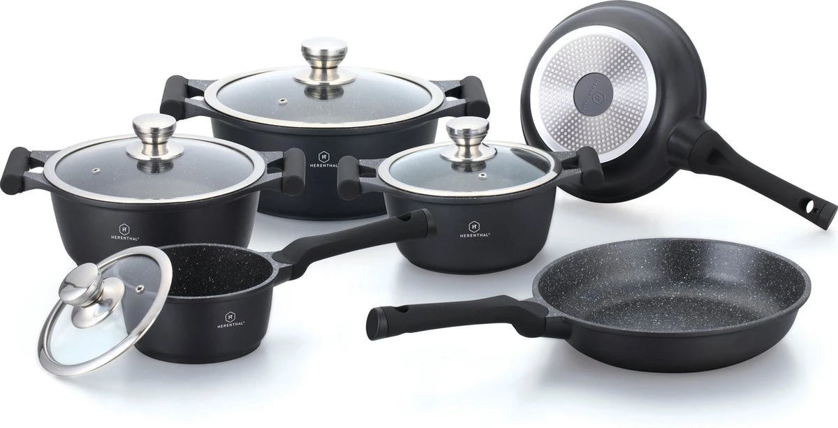 Herenthal Inductie Pannenset - Luxe 10-delige Koekenpanset - Voor Alle Warmtebronnen - Met Glazen Deksels En Koudgrepen - Zwart 1 Herenthal Inductie Pannenset - Luxe 10-delige Koekenpanset - Voor Alle Warmtebronnen - Met Glazen Deksels En Koudgrepen - Zwart