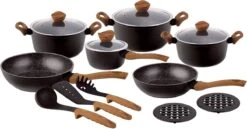 15 Delig Pannenset - Marmeren Coating - Hapjespan - Kookpan - Marmeren Coating - Met Glazen Deksels - Zwart