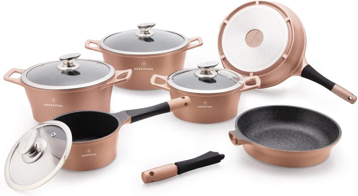 Herenthal Line - Pannenset Inductie - 14 Delig - Afneembare Handgreep - Keramisch - Koper Kleurig - PFAS-vrij 1 Herenthal Line - Pannenset Inductie - 14 Delig - Afneembare Handgreep - Keramisch - Koper Kleurig - PFAS-vrij