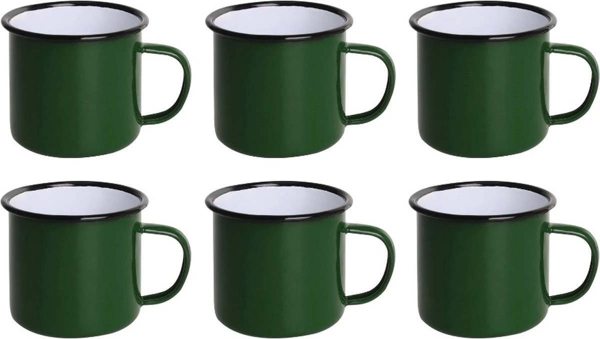 Olympia Emaille Mok 35cl - Emaille Beker Groen / Zwart - Emaille Servies ( Set Van 6 ) 1 Olympia Emaille Mok 35cl - Emaille Beker Groen / Zwart - Emaille Servies ( Set Van 6 )