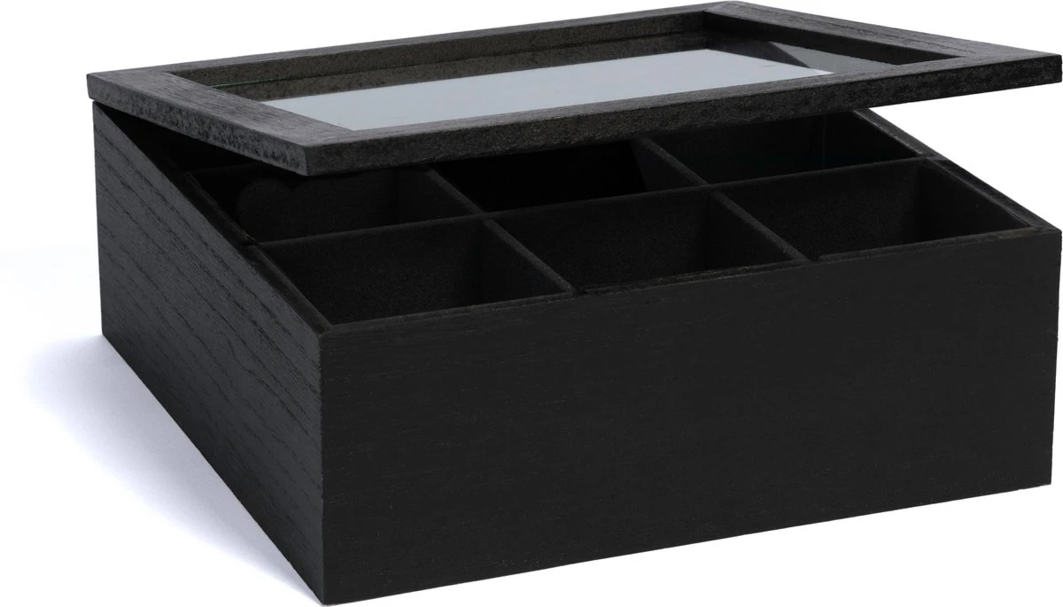 CasaLupo Theedoos Zwart 9-vaks - Met Fluweel - 23 X 23 Cm 1 CasaLupo Theedoos Zwart 9-vaks - Met Fluweel - 23 X 23 Cm